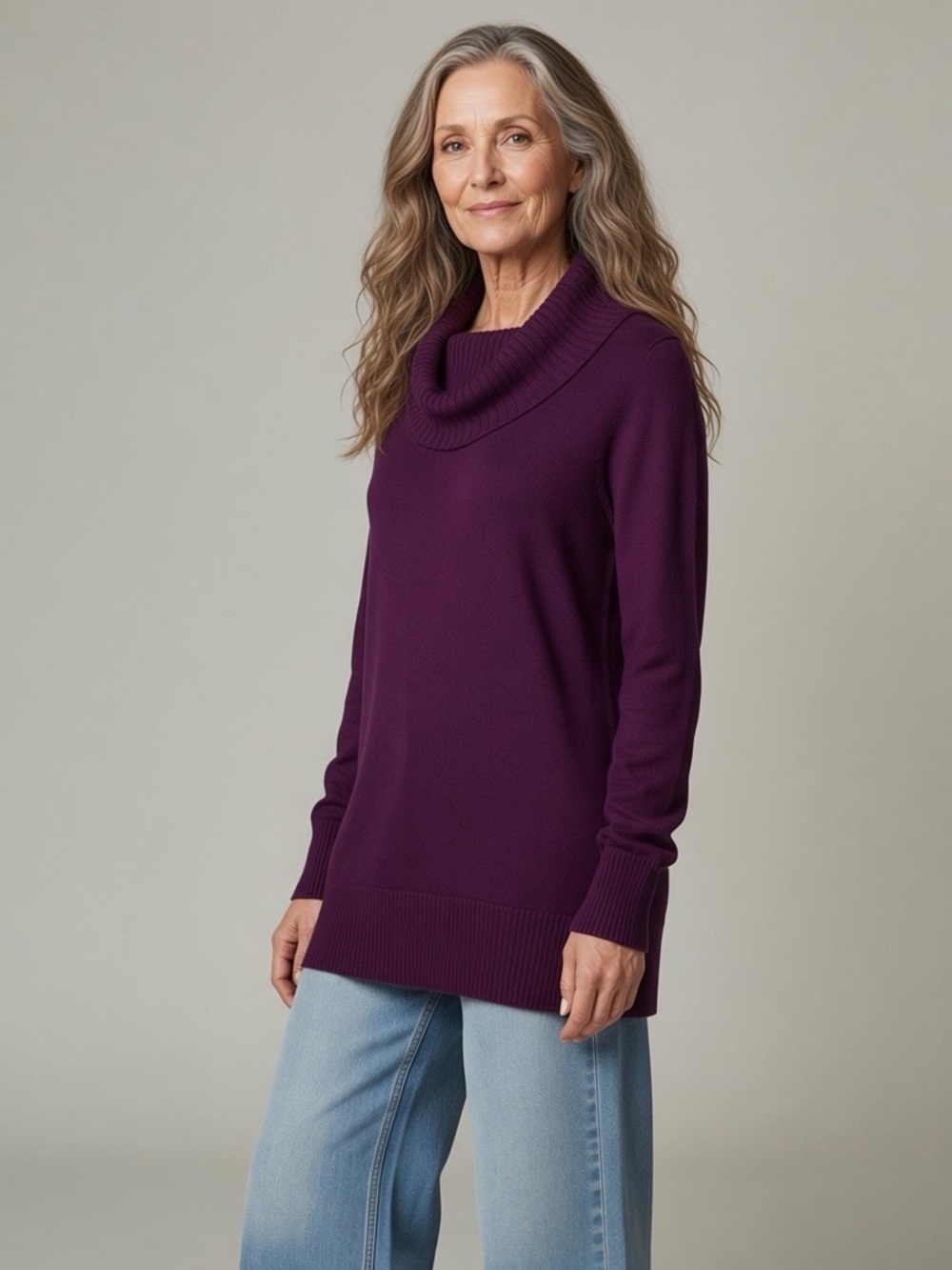 Cable & Gage Purple Long Sleeve Cowl Neck Sweater Size L